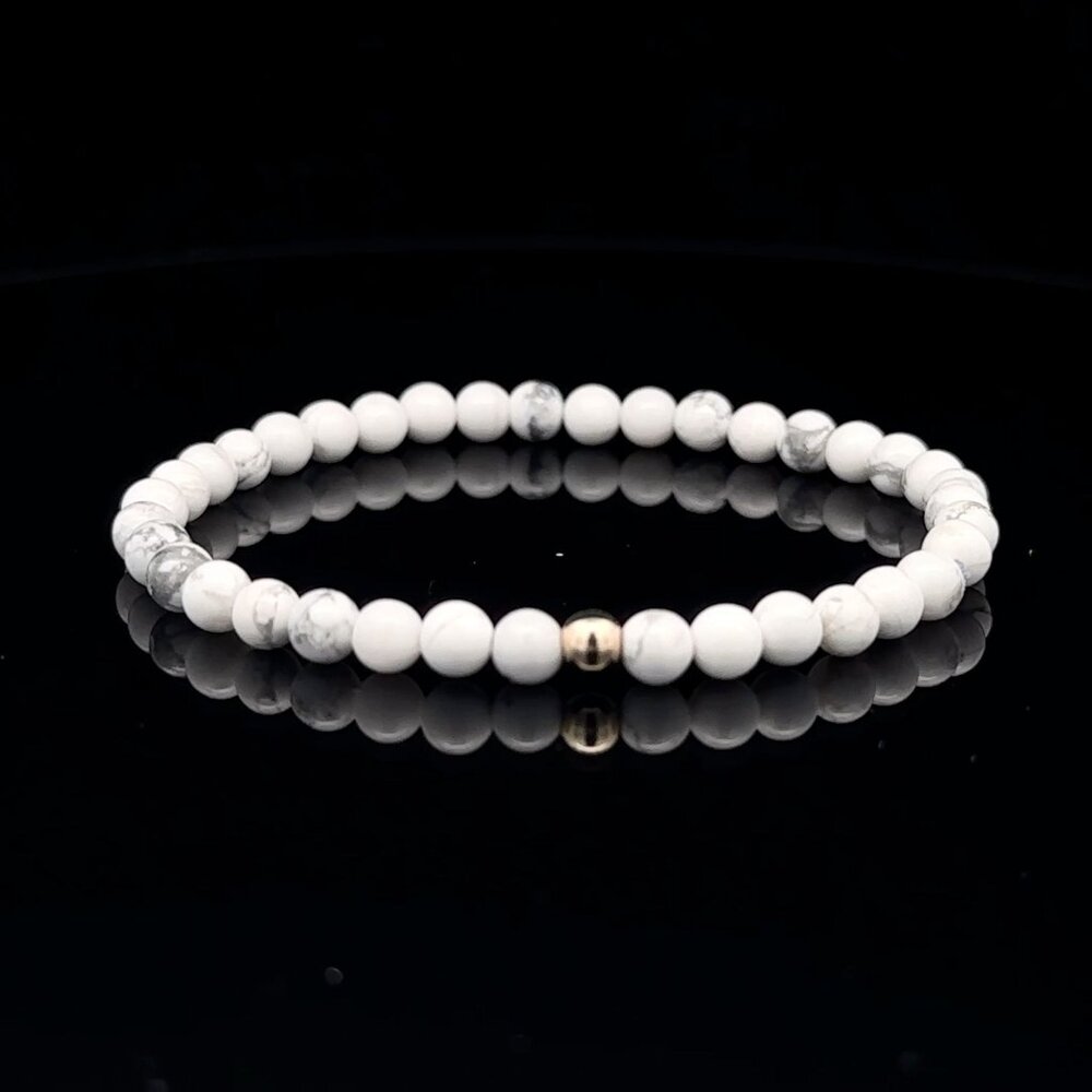 Gemstones Howlite Mini 4mm Stretchable Bracelet 14k Gold Bead Charm